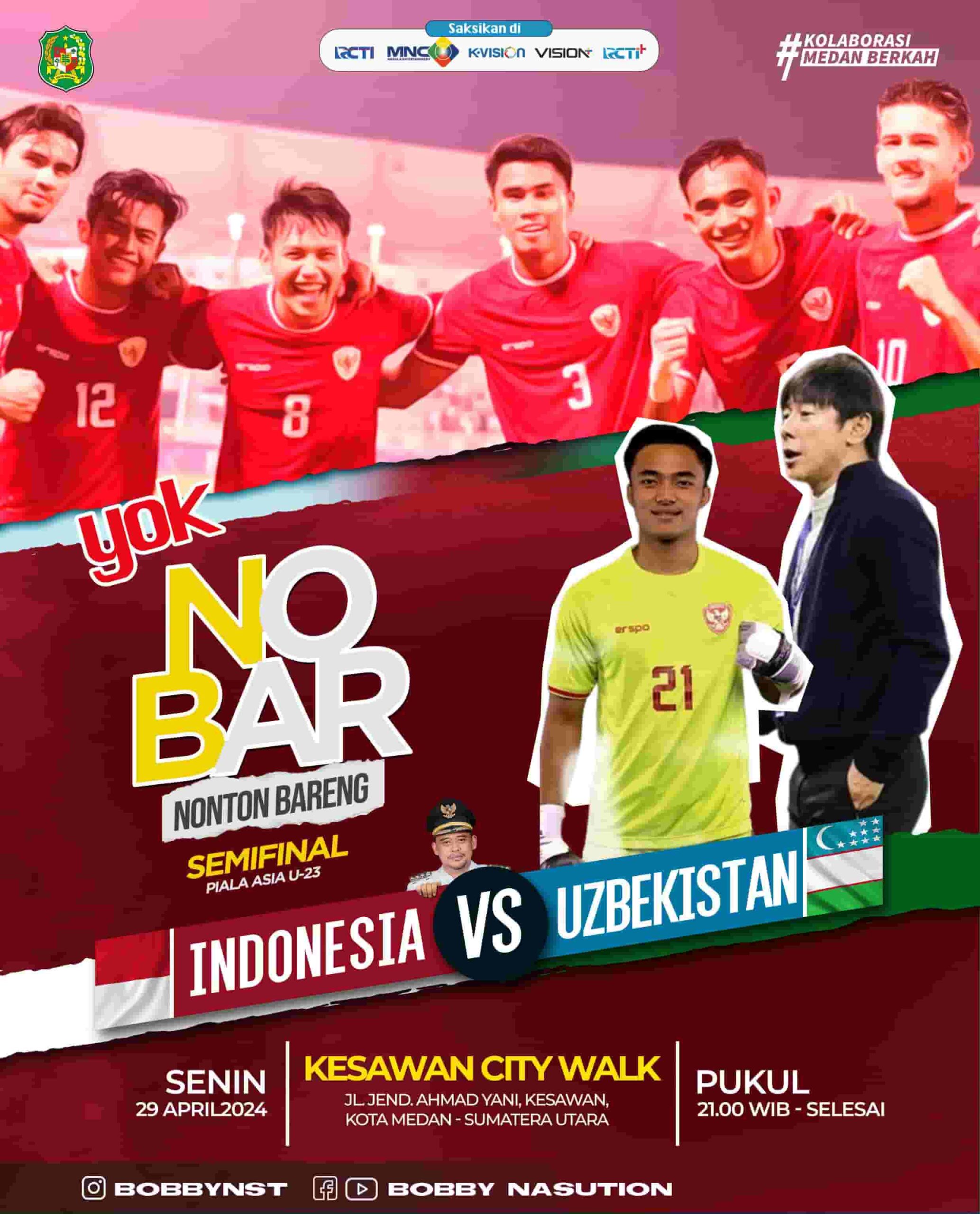 Banner Nobar Indonesia vs Uzbekistan, Minggu (28/4/2024). (pelitaharian.id/ist).