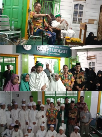 Foto : Anggota DPRD Medan, Wong Chun Sen Tarigan bersama Tuan Syech Guru H Muhammad Syafri Sinulingga Alkaruni serta para guru dan santri Ponpes Rafiuddin Al Barokah.(ist)