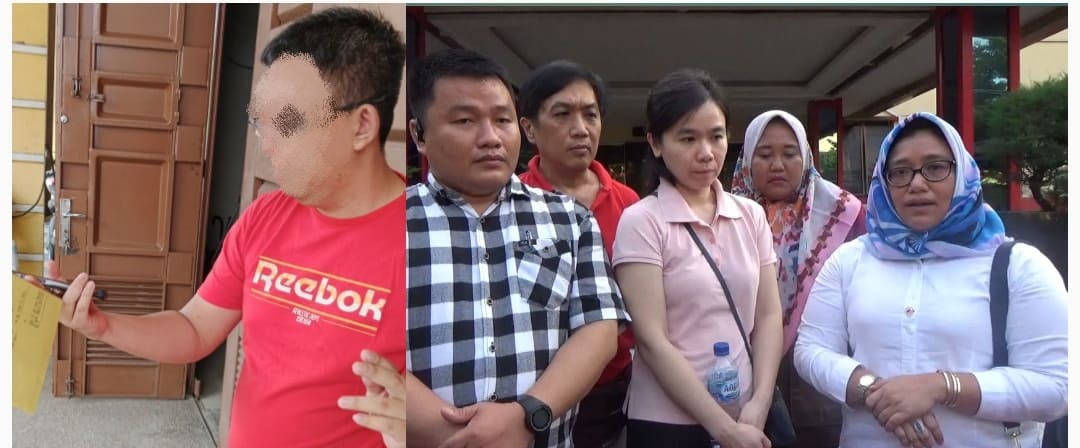Foto sebelah kiri adalah R Terlapor mengenakan kaos merah (Suami Sherly). (pelitaharian.id/Foto: ist) dan foto sebelah kanan adalah Sherly (baju pink) bersama Pengacara Sherly, Khilda Handayani, SH., MH (kemeja panjang putih berhijab) serta Sindroigolo Wau, S.H., M.H. (baju kotak-kotak) saat temu pers usai Gelar Perkara Khusus di depan Gedung Ditreskrimum Polda Sumut, Senin (15/07/2024). (pelitaharian.id/Foto: ist).